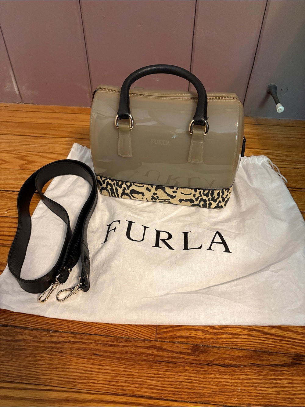 Furla Tan Jelly Candy Satchel with leather Leopard Accent and Black Handles